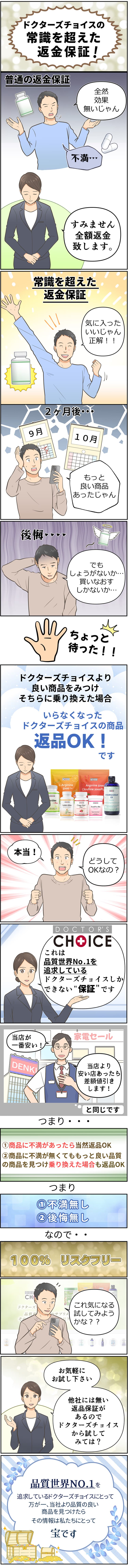 品質世界No.1を追求するドクターズチョイスの常識を超えた返品保証 以下の2つの条件のいずれかに該当する場合100%返品を受け付けます。商品の効果に少しでも不満がある場合。当社の商品より高品質な商品を見つけ、乗り換えたい場合。