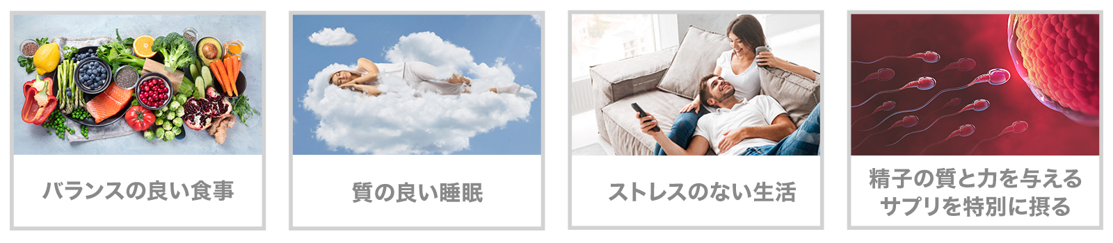 バランスの良い食事/質の良い睡眠/ストレスのない生活/精子の質と力を与えるサプリを特別に摂りましょう