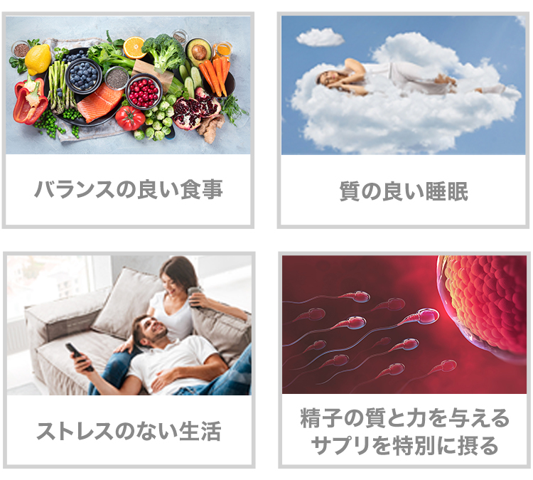 バランスの良い食事/質の良い睡眠/ストレスのない生活/精子の質と力を与えるサプリを特別に摂りましょう