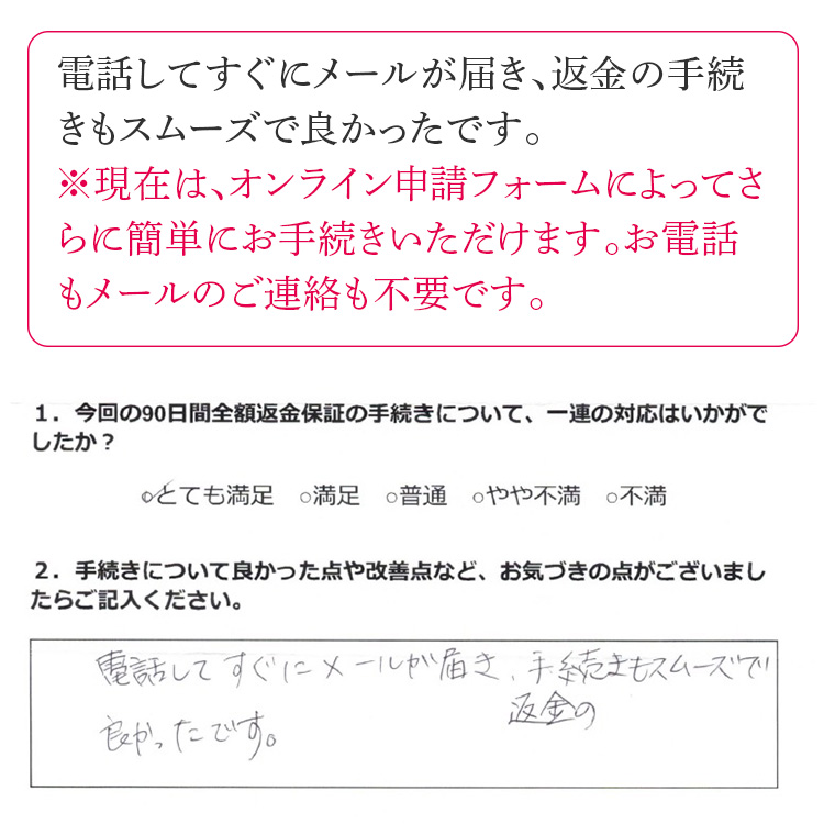 電話してすぐにメールが届き、返金の手続きもスムーズで良かったです。※現在は、オンライン申請フォームによってさらに簡単にお手続きいただけます。お電話もメールのご連絡も不要です。