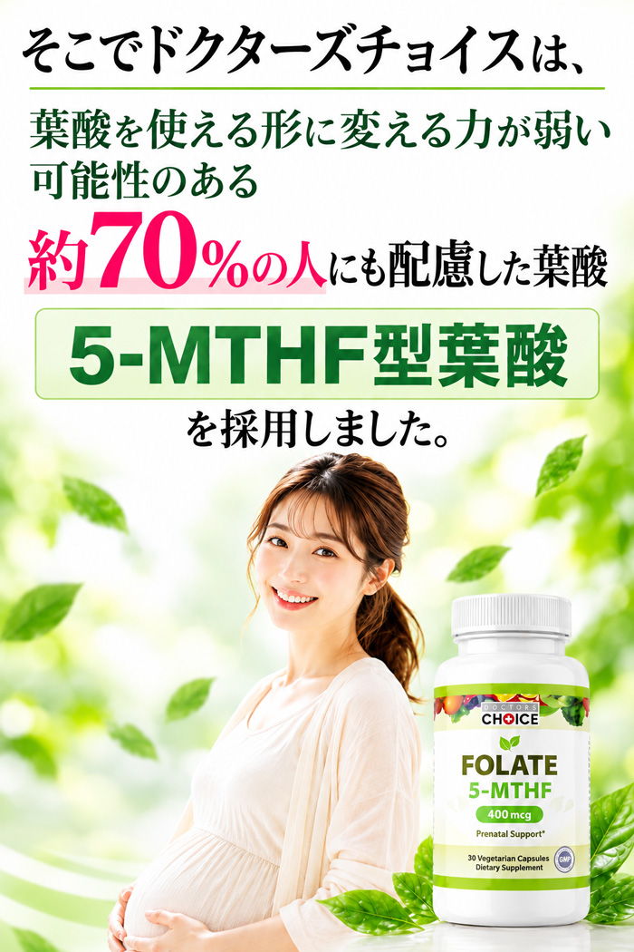 ドクターズチョイスの5-MTHF型葉酸を訴求するモバイル用バナー。妊婦の女性と商品ボトルを配置し、「葉酸を使える形に変える力が弱い可能性のある約70％の人にも配慮した葉酸」「5-MTHF型葉酸を採用しました」と記載