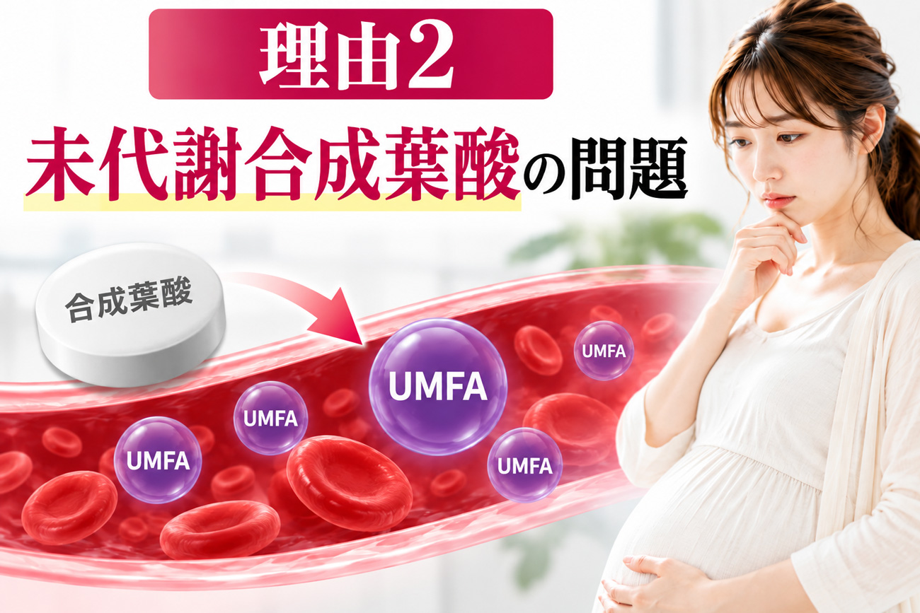 未代謝合成葉酸（UMFA）の問題を、合成葉酸が血中に残るイメージと妊婦の写真で解説した図