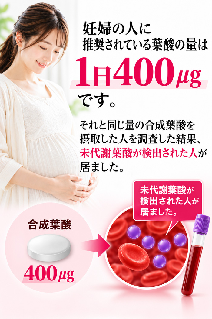 妊婦に推奨される葉酸量と未代謝葉酸の説明