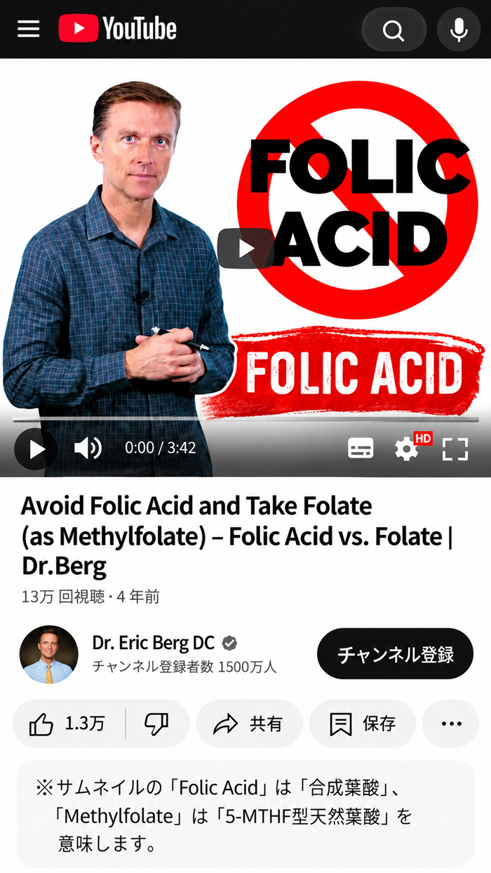 合成葉酸を避け、5-MTHF型天然葉酸を摂ることを解説するEric Berg先生の動画