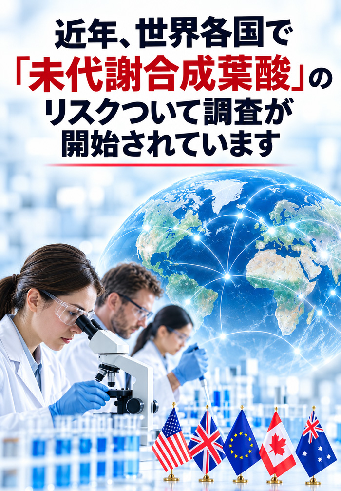 世界各国で未代謝合成葉酸のリスクを調査する研究者と世界地図