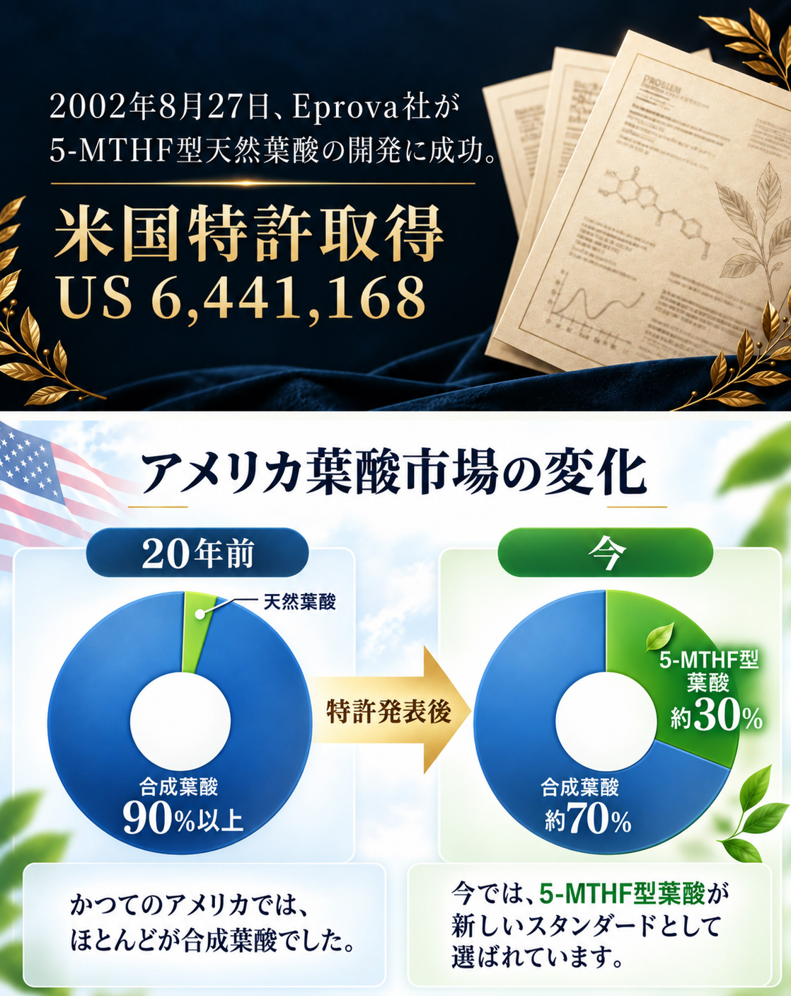 5-MTHF型天然葉酸の米国特許取得とアメリカ葉酸市場の変化を示す図