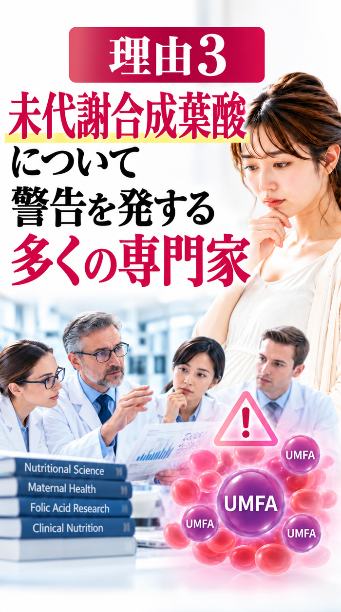 未代謝合成葉酸について多くの専門家が警告していることを示す、妊婦と医師・UMFAイメージ入りの図