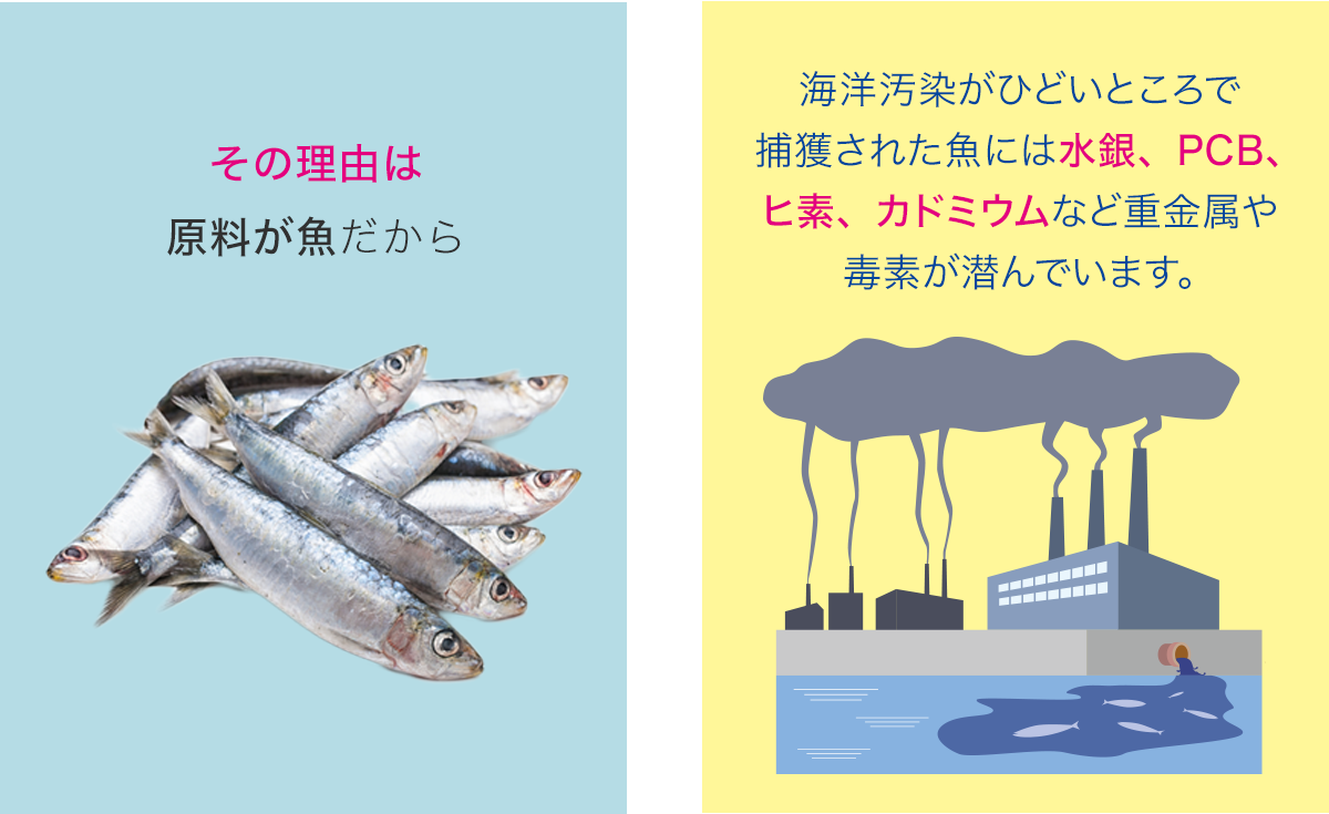 その理由は原料が魚だから。海洋汚染がひどいところで捕獲された魚には水銀、PCB、ヒ素、カドミウムなど重金属や毒素が潜んでいます。